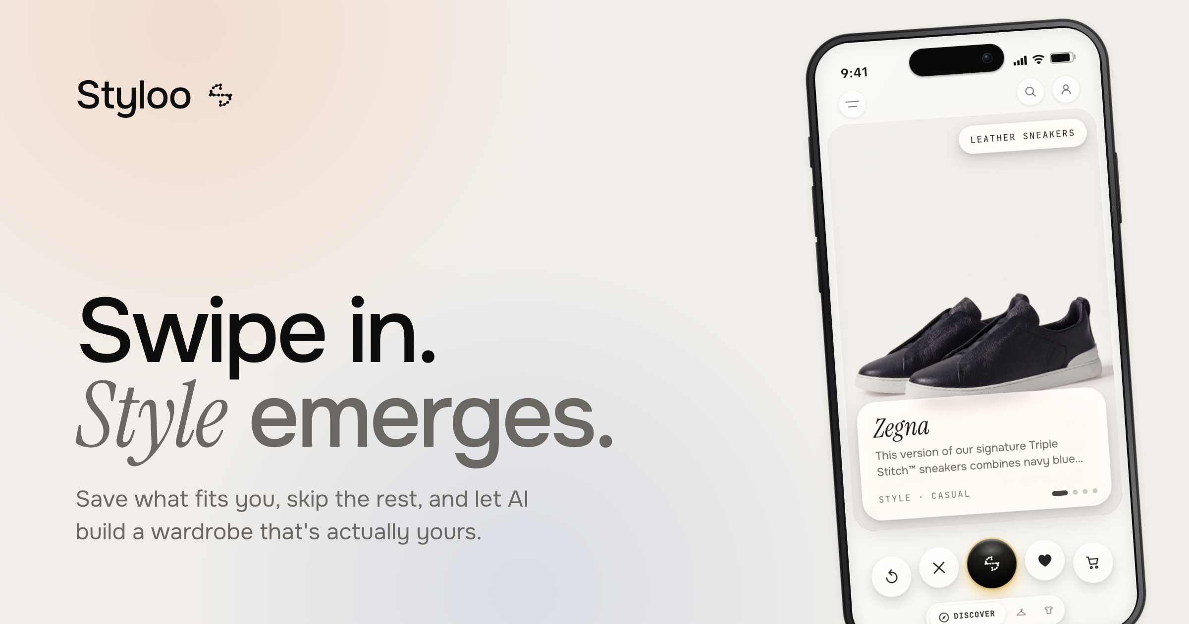 Styloo press image: the headline 'Swipe in. Style emerges.' beside an iPhone showing a product card in the Discover feed.